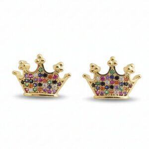 18K Gold Plated Crown Stud Earrings - Multicolor Cubic Zirconia - 10mm x 15mm